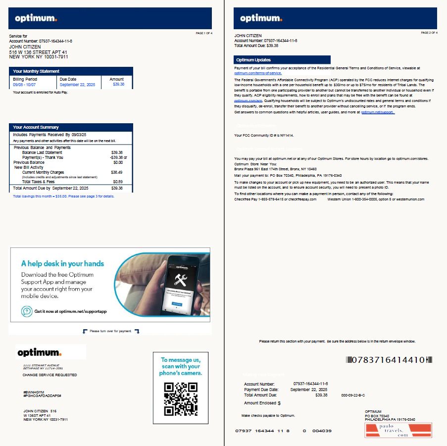 USA Optimum utility bill template in Word and PDF formats, 4 pages, version 2, 1 2 pages